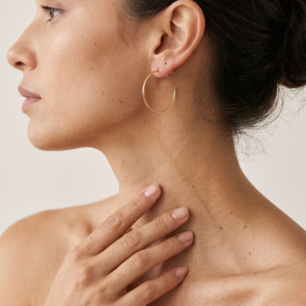 A close-up side profile of a woman wearing a thin gold hoop earring, with her hand resting on her neck against a soft beige background.