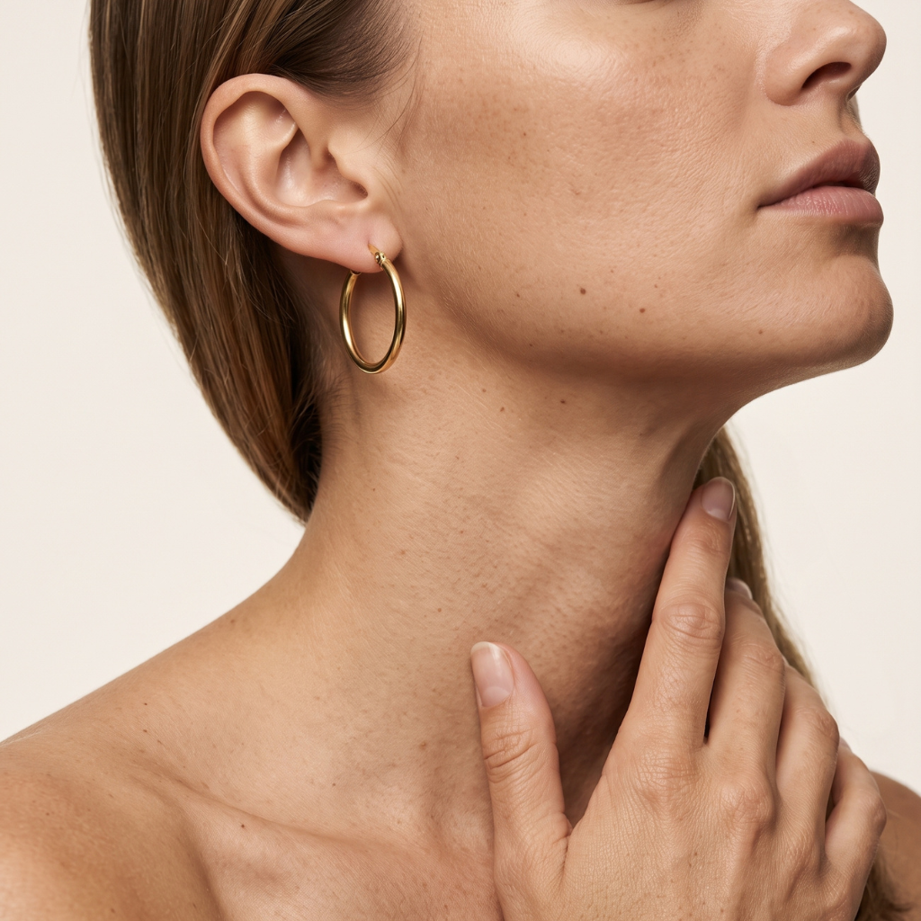 A close-up of a woman wearing a thin gold hoop earring, showing the side profile of her head and neck against a plain light beige background.