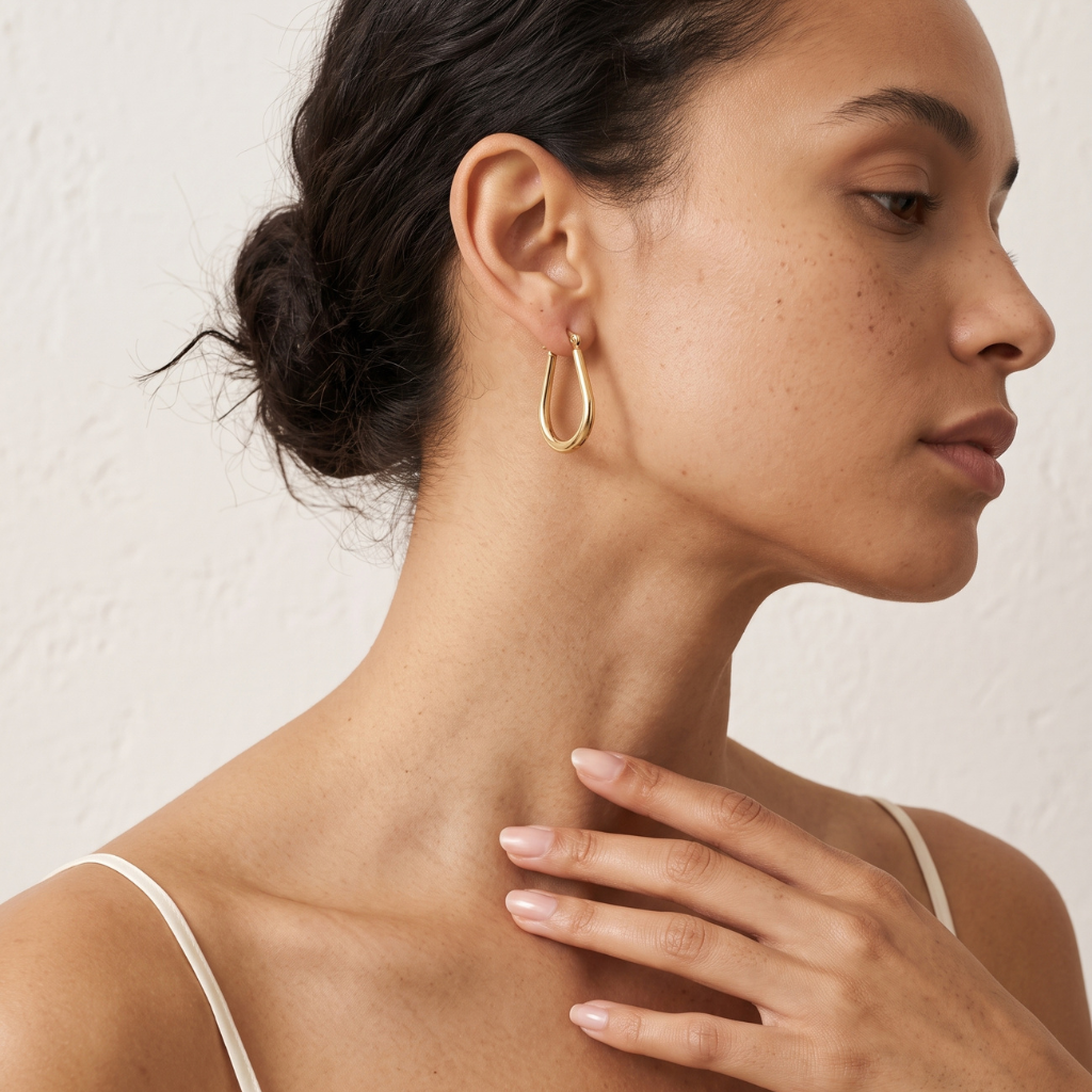 A close-up of a woman wearing a delicate gold teardrop hoop earring, shown from the side against a textured off-white wall.
