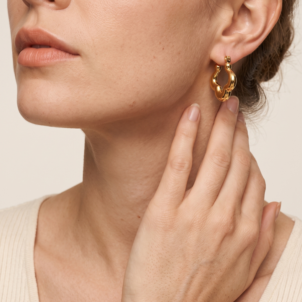 A close-up of a model wearing a textured, organic-shaped gold hoop earring. The shot focuses on the earring on the ear, with the model's hand resting near her neck against a soft, warm beige background.