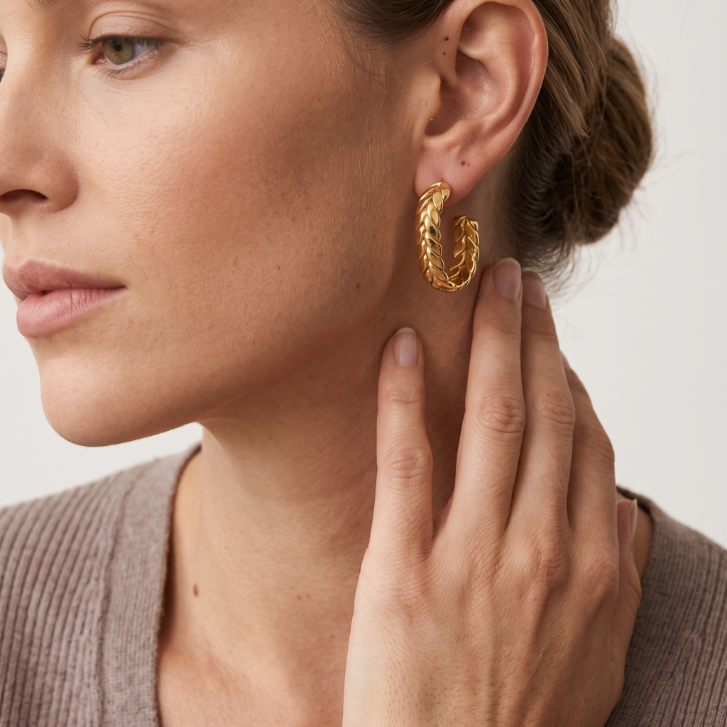 A close-up of a woman wearing a textured gold huggie hoop earring, showing the jewelry on her ear against a clean light background.