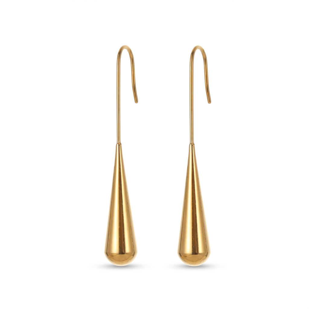 A pair of gold drop earrings with a teardrop-shaped pendant and a curved hook ear wire, shown against a plain white background.