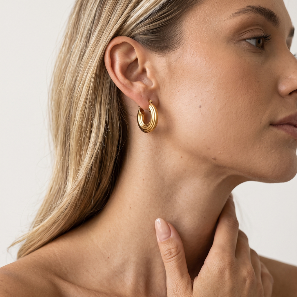 A close-up side profile of a woman wearing a small gold hoop earring with concentric triple-ring detailing, set against a clean, light off-white background.