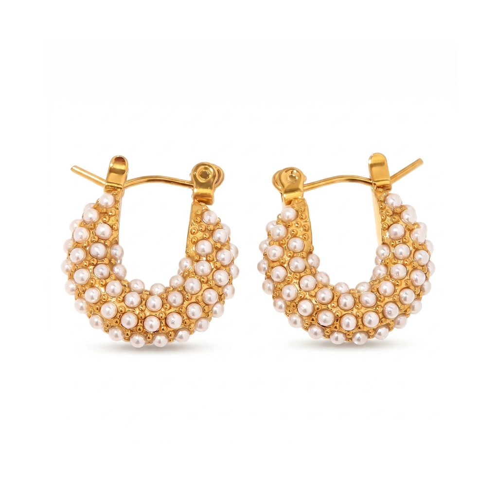 Small Gold Beaded Pearl Hoop