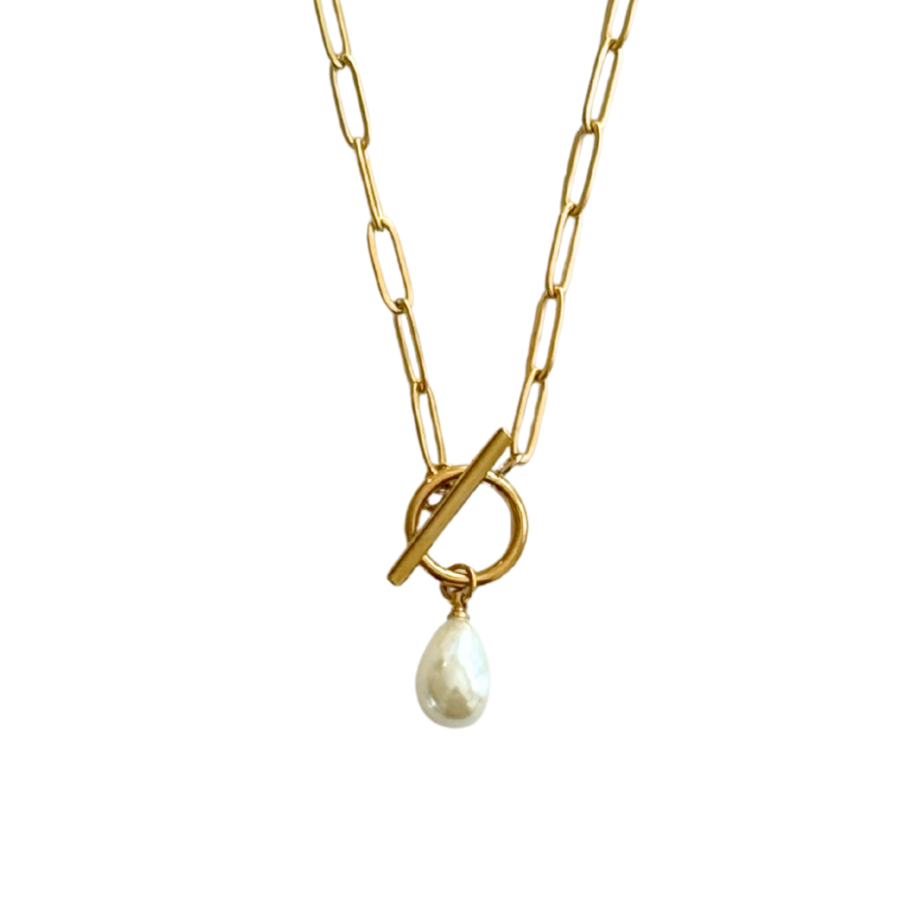 Gold Chain Drop Pearl Toggle Clasp Necklace