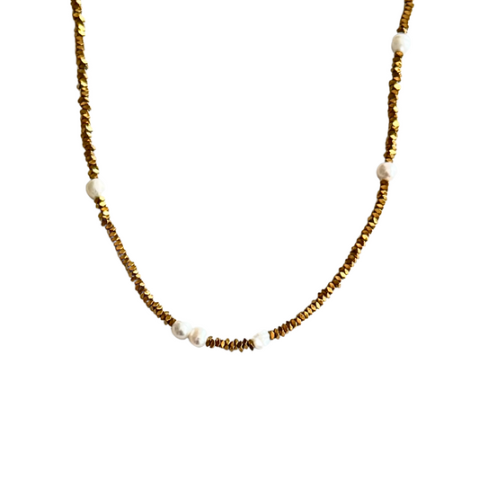 Thin Gold Bead and Pearl Station Necklace