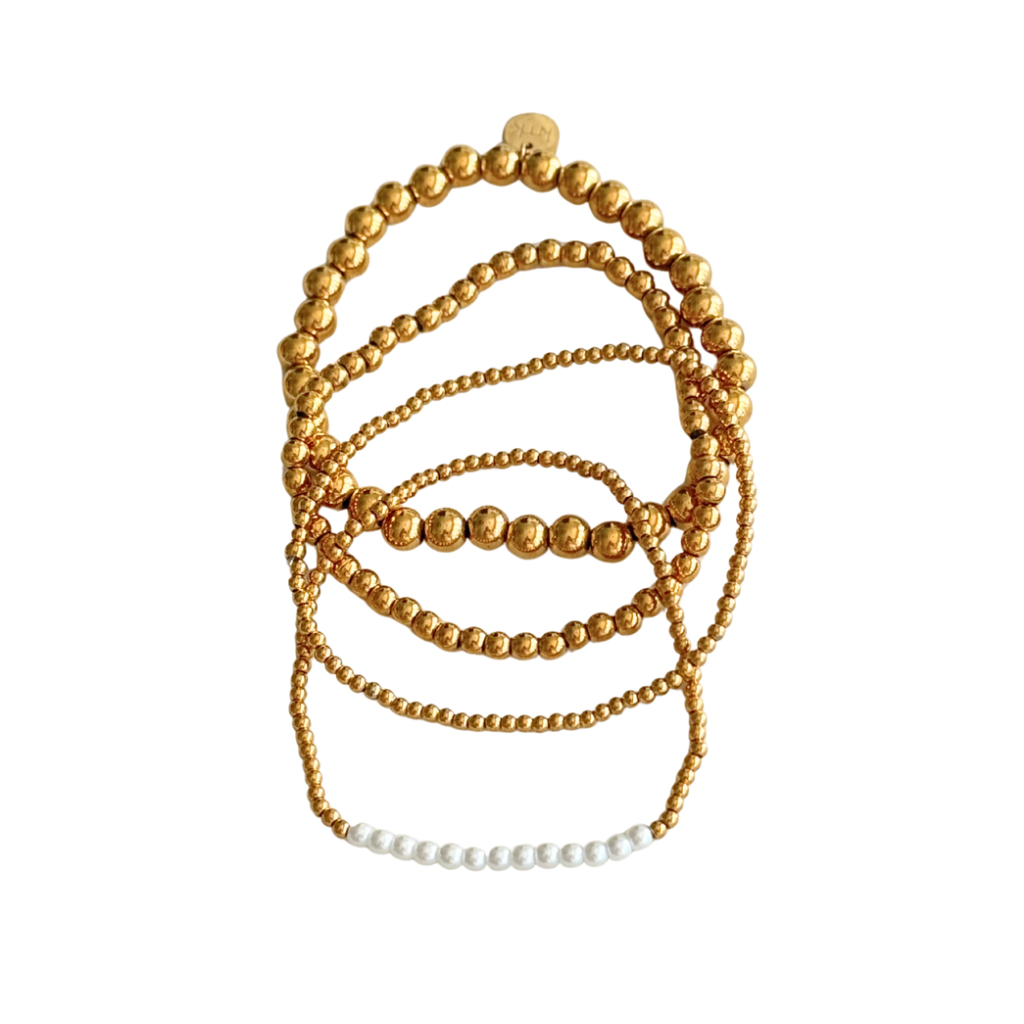 Four Strand Gold Bead & Pearl Bracelet Set