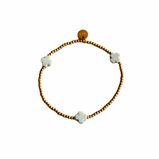 2.5mm Gold Bead & White Cross Stretch Bracelet
