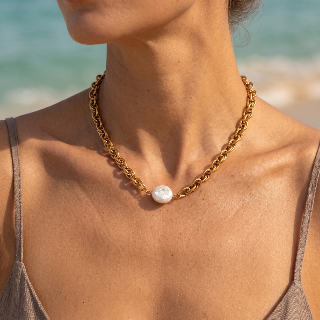 A close-up of a woman wearing a gold chain necklace with a single white pearl pendant, photographed outdoors with a blurred beach and ocean background.