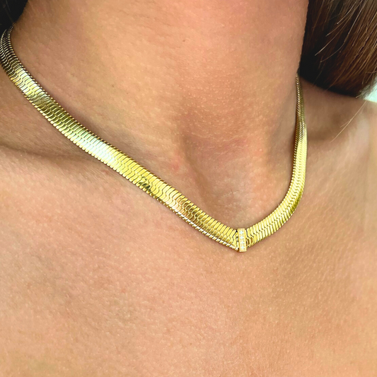 Gold Herringbone with Cubic Zirconia Necklace