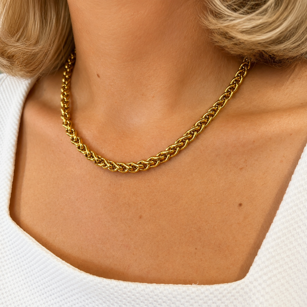 A close-up of a woman's neck and chest wearing a thick, polished gold curb chain necklace.