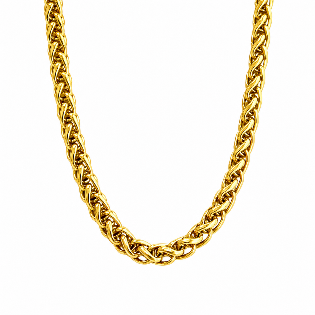 A close-up of a thick, polished yellow gold rope chain necklace, shown curving down in a U-shape against a solid white background.
