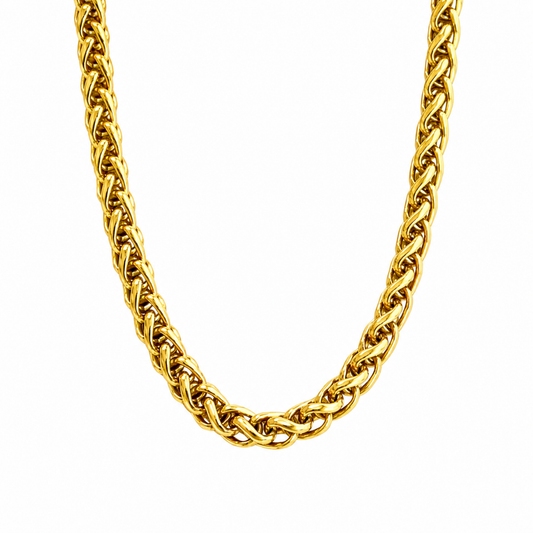 A close-up of a thick, polished yellow gold rope chain necklace, shown curving down in a U-shape against a solid white background.