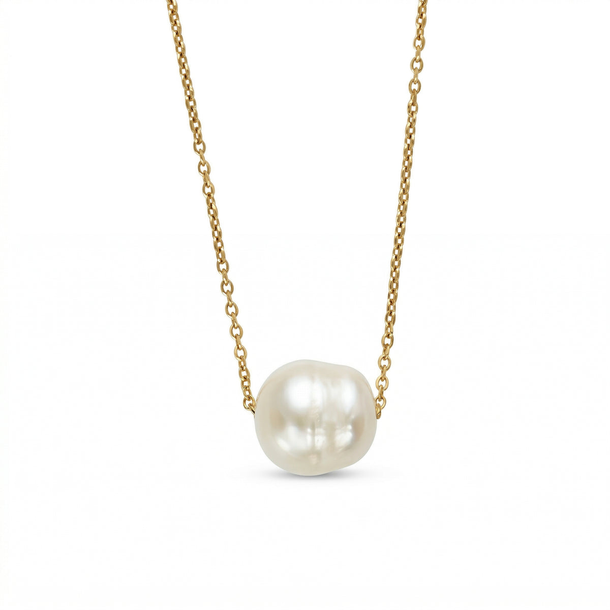 Pearl necklace on a gold chain against a white background