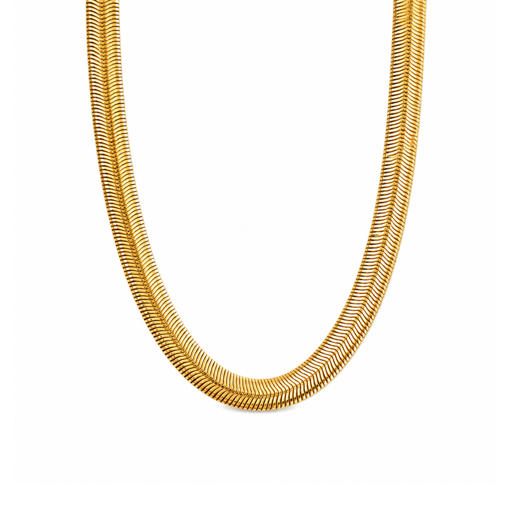 A gold-colored snake chain necklace with a textured, ridged surface, shown in a U-shape against a solid white background.