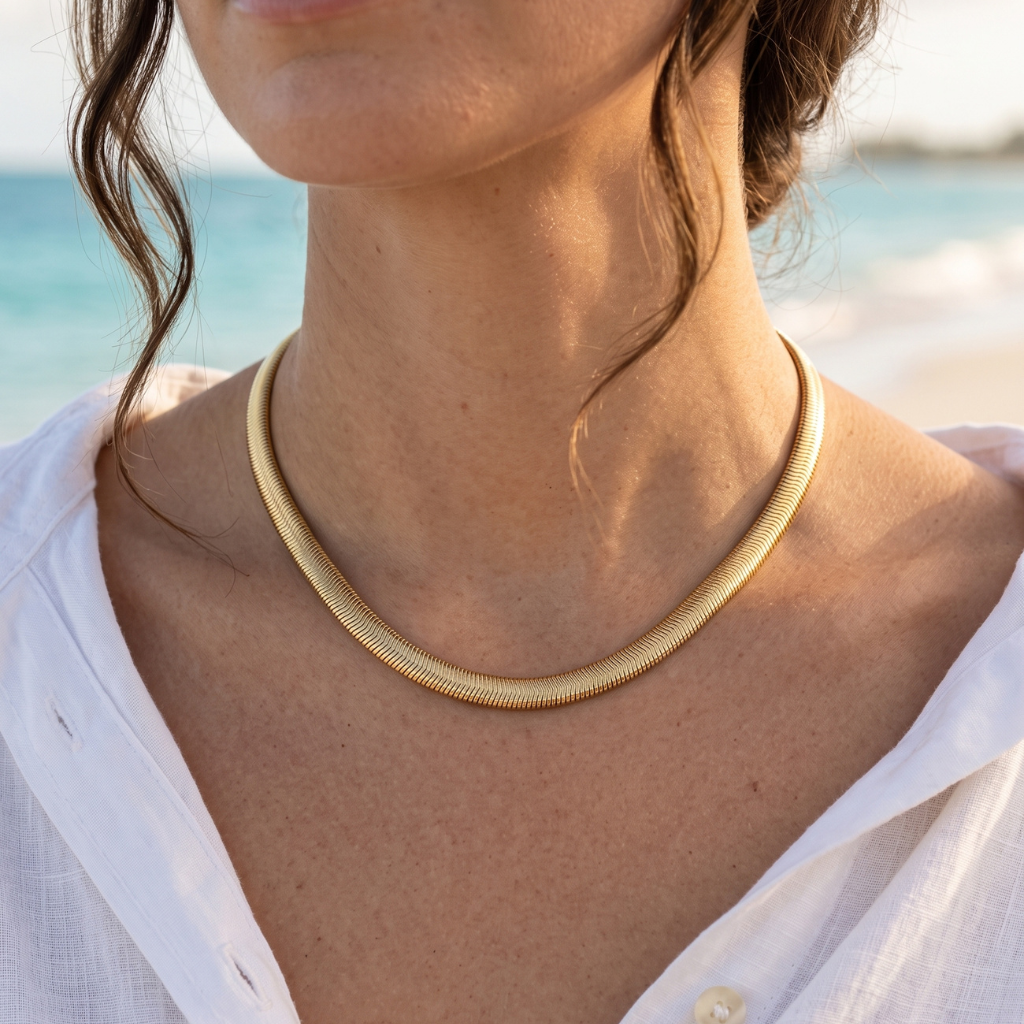 A close-up of a woman wearing a gold snake chain necklace at the beach, with the turquoise ocean and white sand blurred in the background.