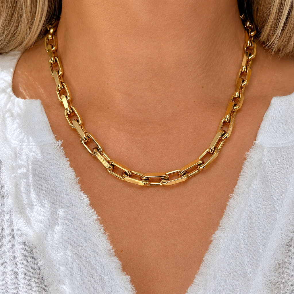 A close-up of a gold chain necklace with chunky, polished links worn by a model in a white textured top.
