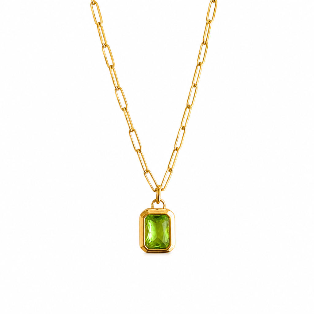 Gold Paperclip Necklace with Green Stone
