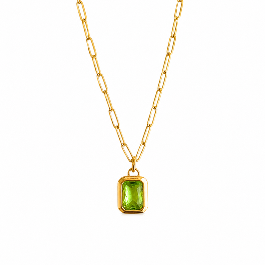Gold Paperclip Necklace with Green Stone