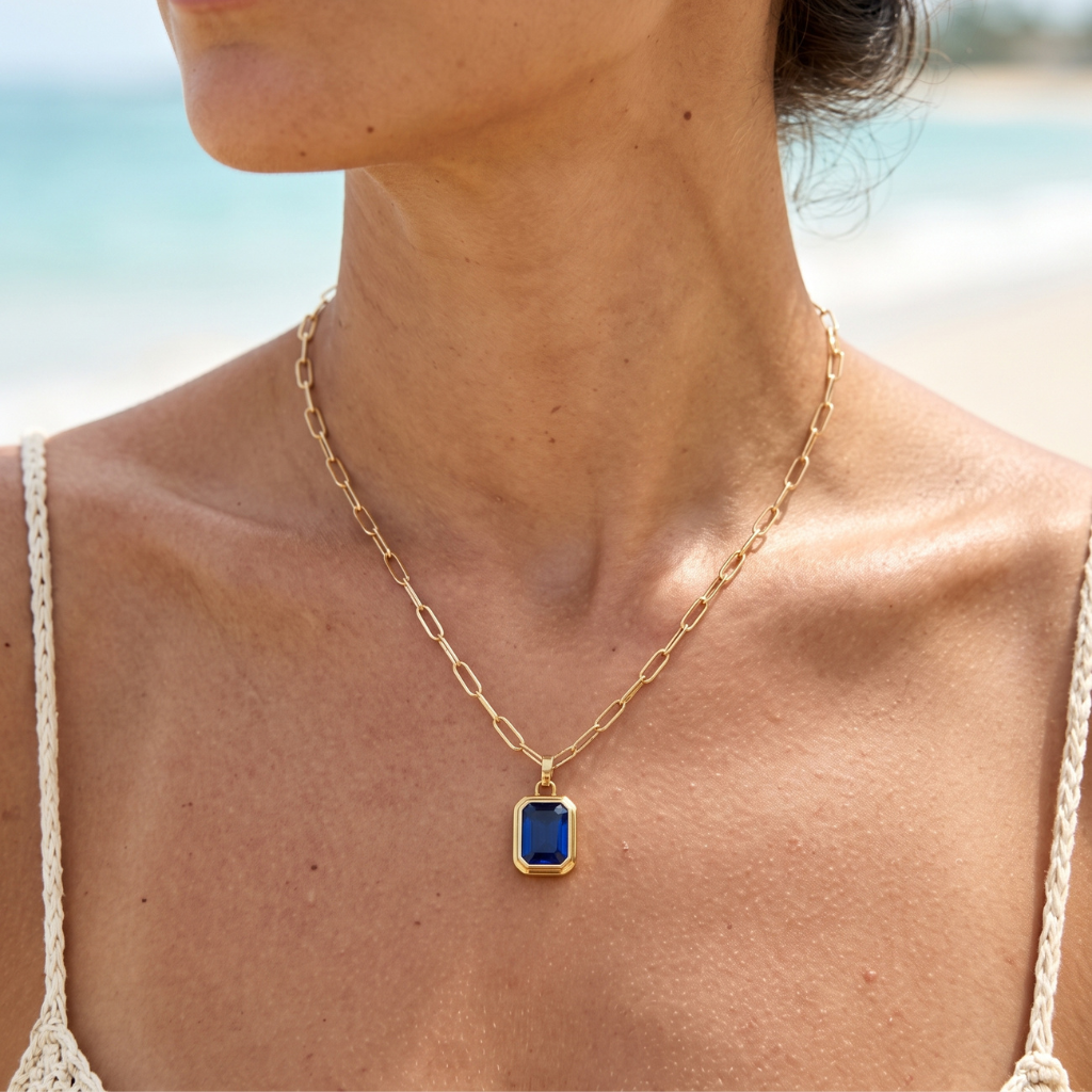 Gold Paperclip Necklace with Blue Stone