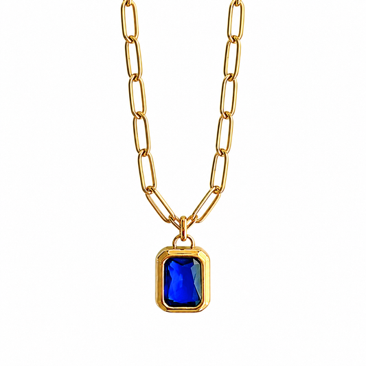 Gold Paperclip Necklace with Blue Stone