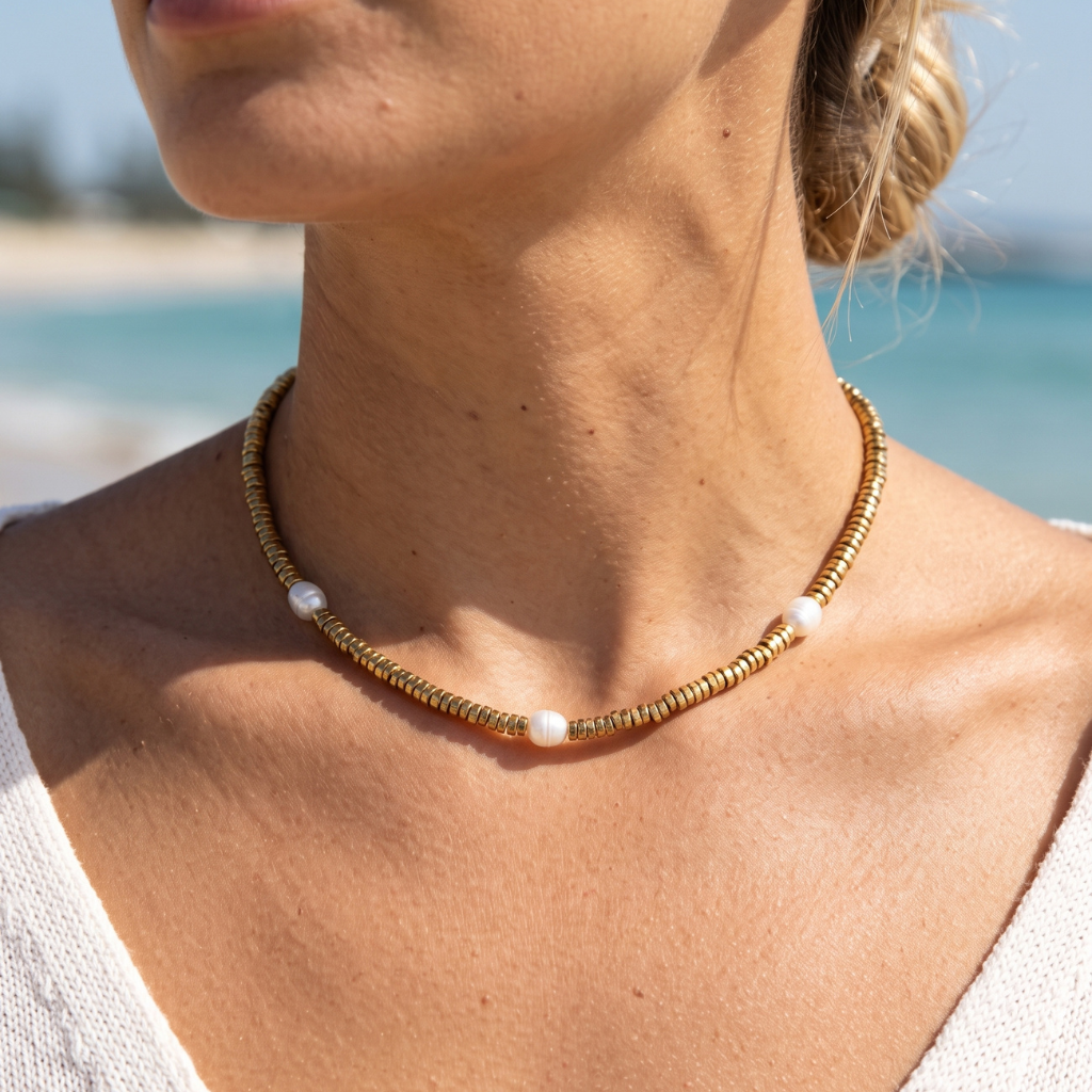 A close-up of a woman's neck and chest wearing a delicate gold beaded choker necklace with three small white beads spaced along the chain, set against a blurred beach background.
