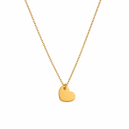 A delicate gold chain necklace with a small, polished gold heart pendant, displayed against a solid white background.