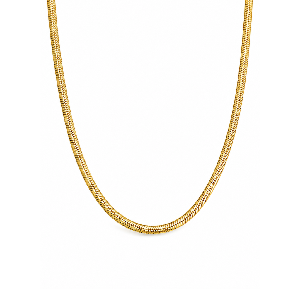A gold snake chain necklace shown against a plain white background.