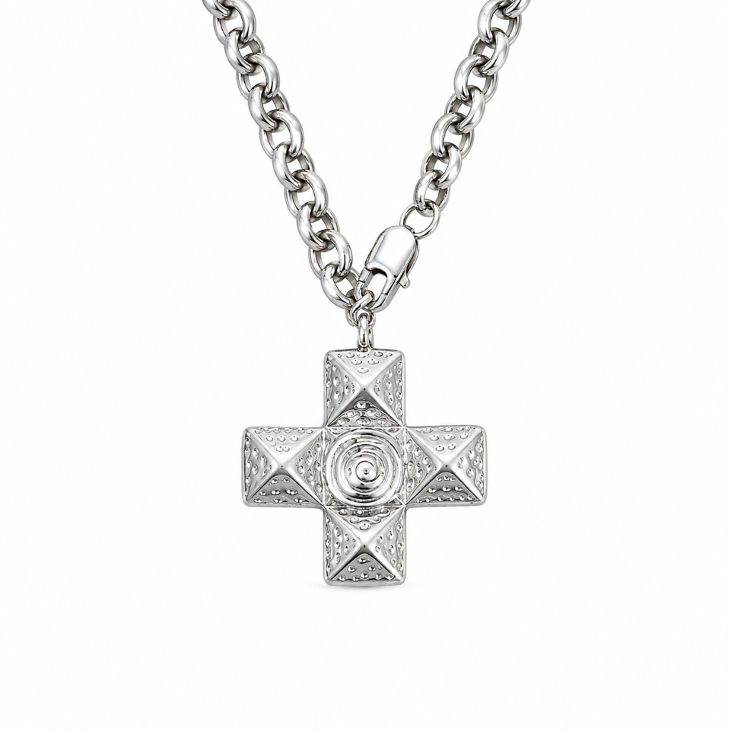 Silver Large Block Cross Pendant Necklace