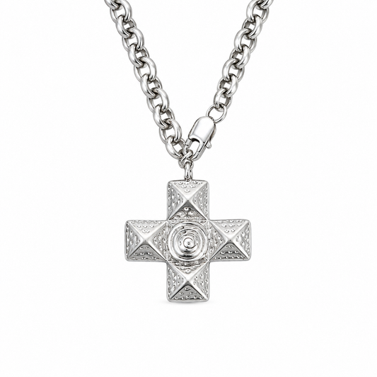 Silver Large Block Cross Pendant Necklace