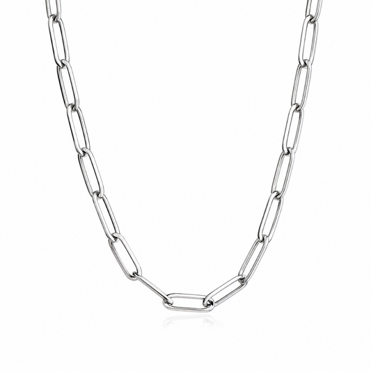 A silver paperclip chain necklace displayed against a clean white background.