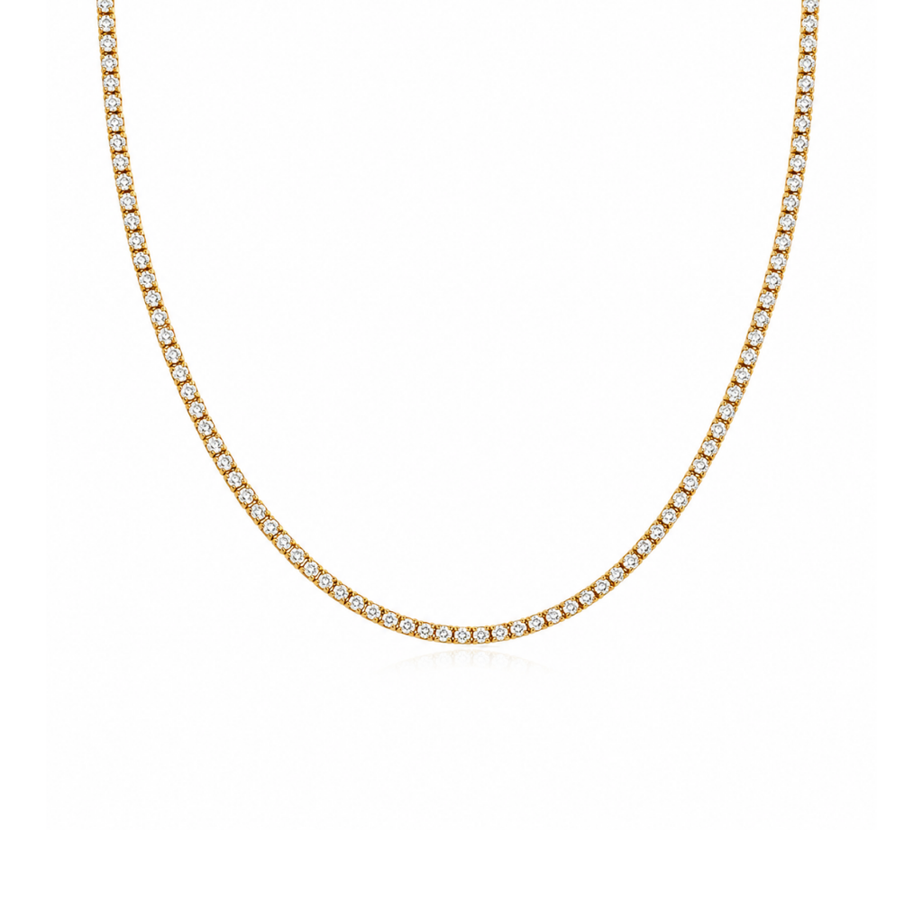 18kt yellow gold and clear stone tennis necklace on white background 