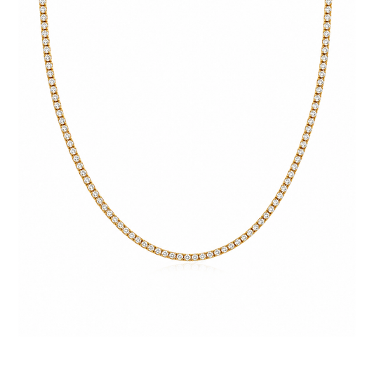 18kt yellow gold and clear stone tennis necklace on white background 