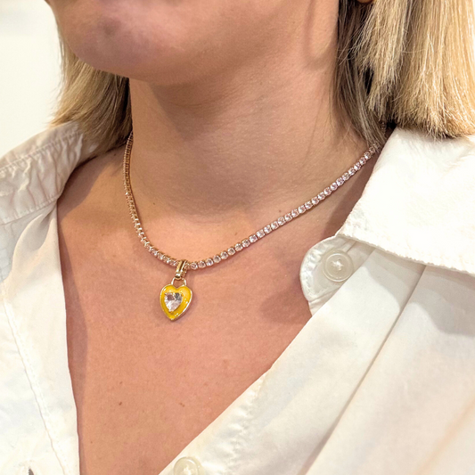Clear Stone Tennis Necklace with Yellow Heart Charm