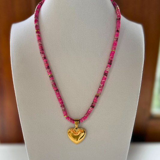 Pink Bead Heart Charm Necklace