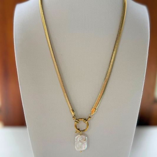Gold Snake Chain with Pearl Charm Necklace
