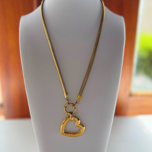 Gold Snake Chain with Large Heart Charm Necklace
