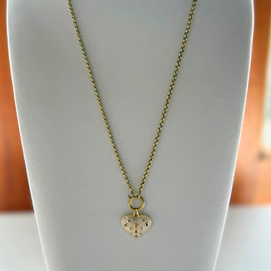 Gold Chain with White Enamel Heart Charm Necklace