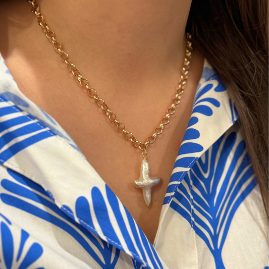 Gold Link Chain with Large Pearl Cross Necklace