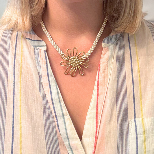 Rope Necklace with Large Gold Flower Charm