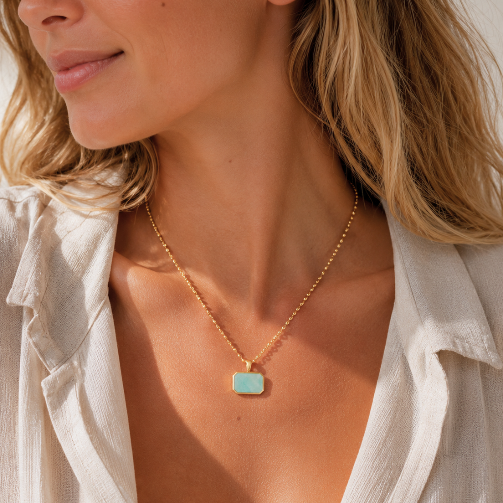 Gold Rice Chain Necklace with Turquoise Pendant