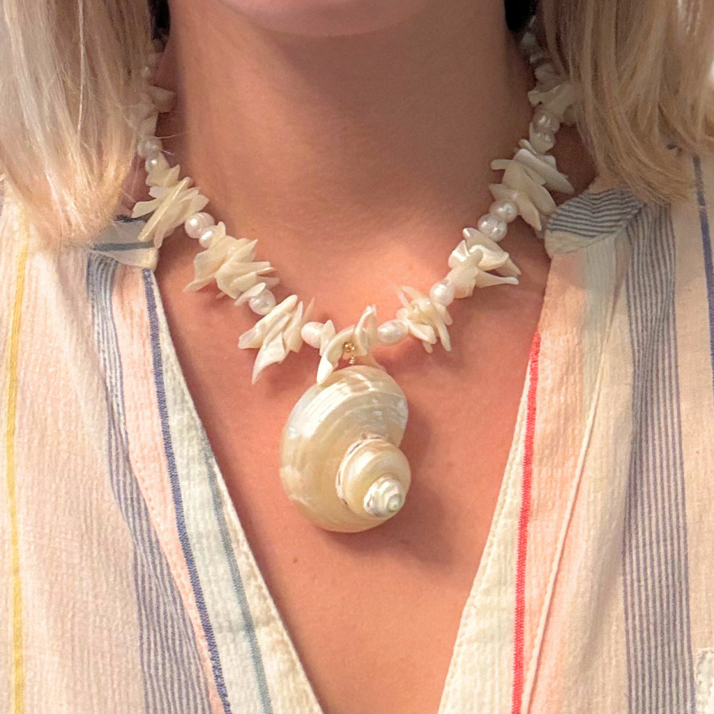 Shell and Pearl Necklace with Large Shell Pendant