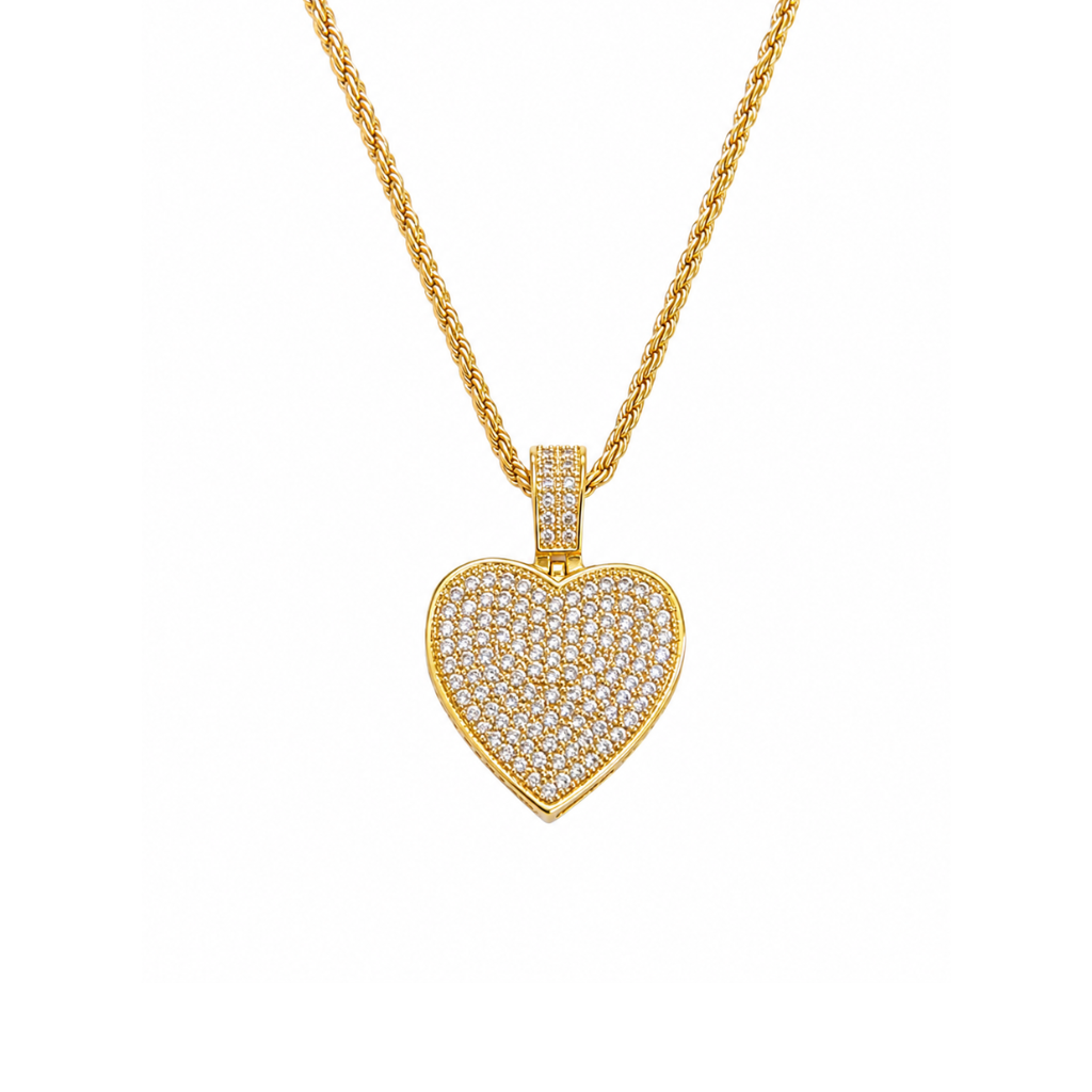 18kt gold plated over stainless steel rope chain necklace with gold pave heart pendant with cubic zirconia stones on white background 