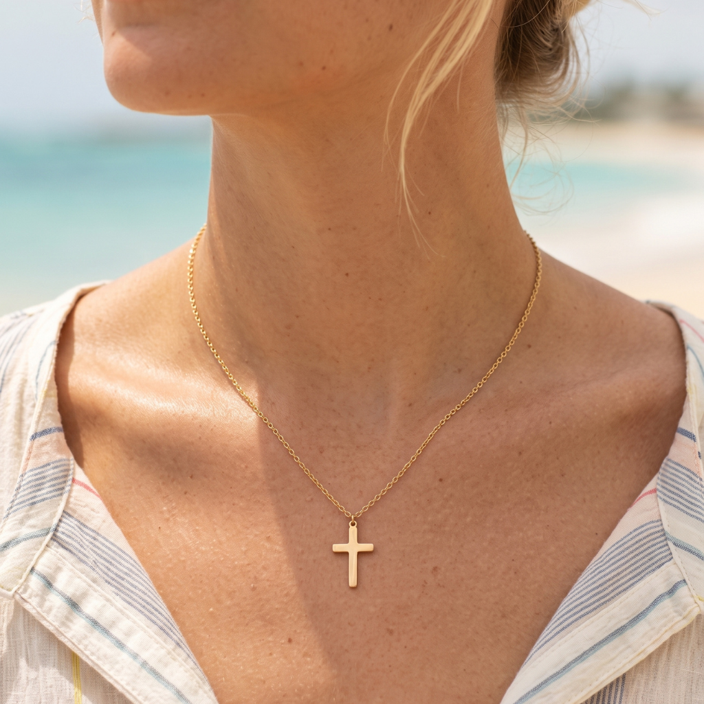 A close-up lifestyle shot of a woman wearing a delicate gold cross pendant necklace on a fine chain, set against a blurred beach background.