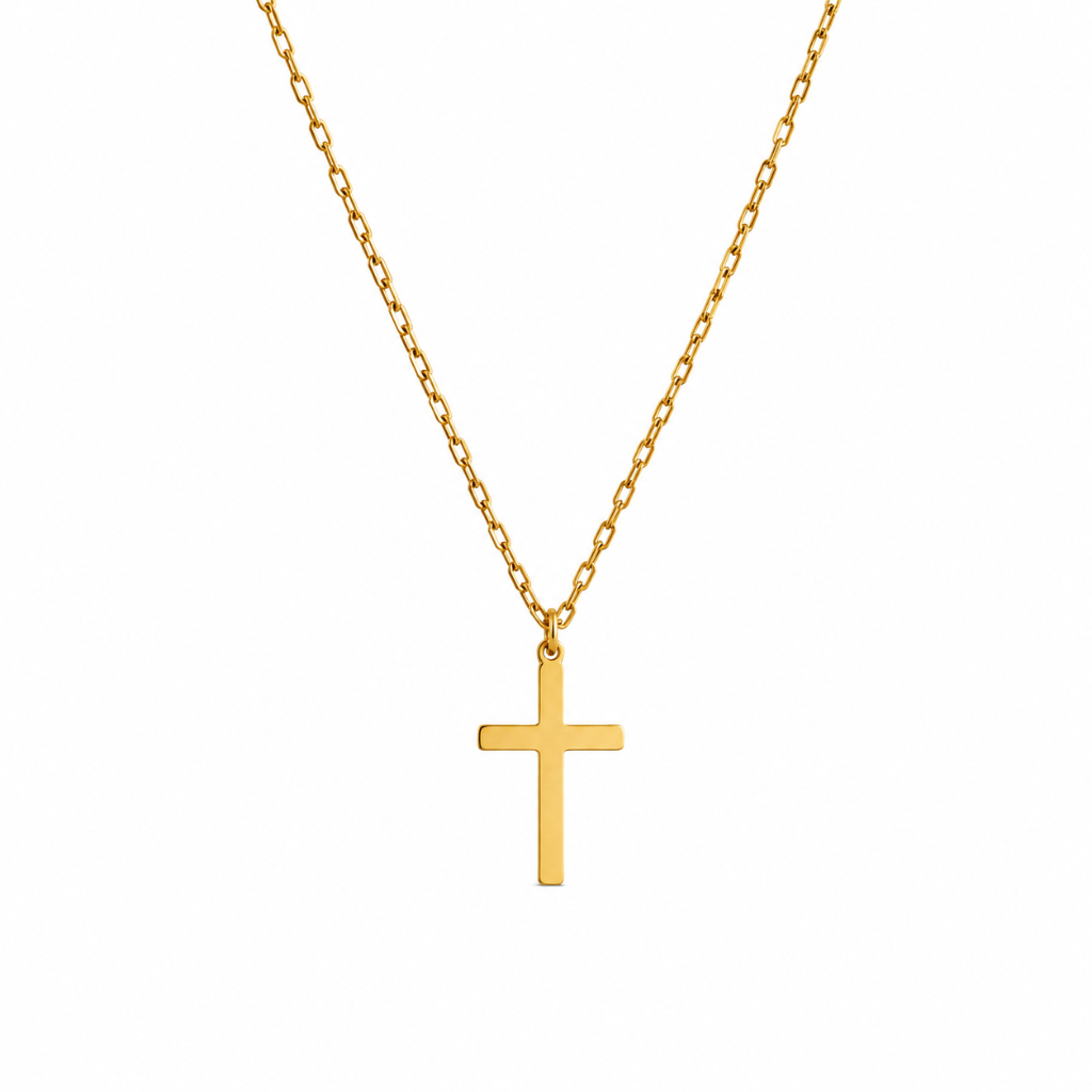 A gold cross pendant necklace on a delicate gold chain, shown against a plain white background.