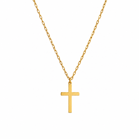 A gold cross pendant necklace on a delicate gold chain, shown against a plain white background.