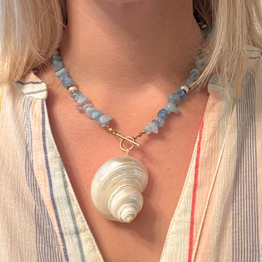 Aquamarine Stone & Shell Statement Necklace