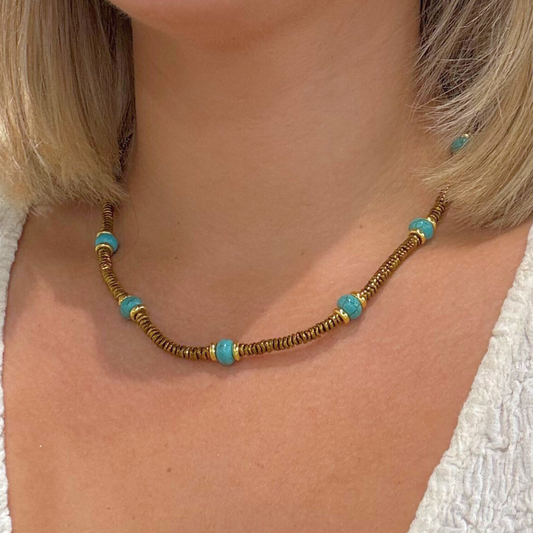 Gold bead with Genuine Turquoise Station Necklace