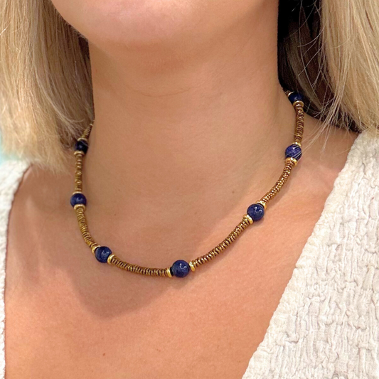 Gold bead and Genuine Blue Lapis Station Necklace
