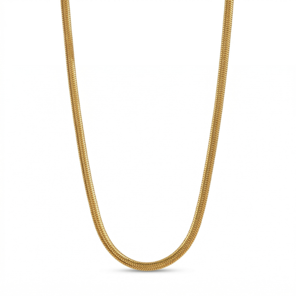 A gold snake chain necklace shown in a U-shape against a plain white background.